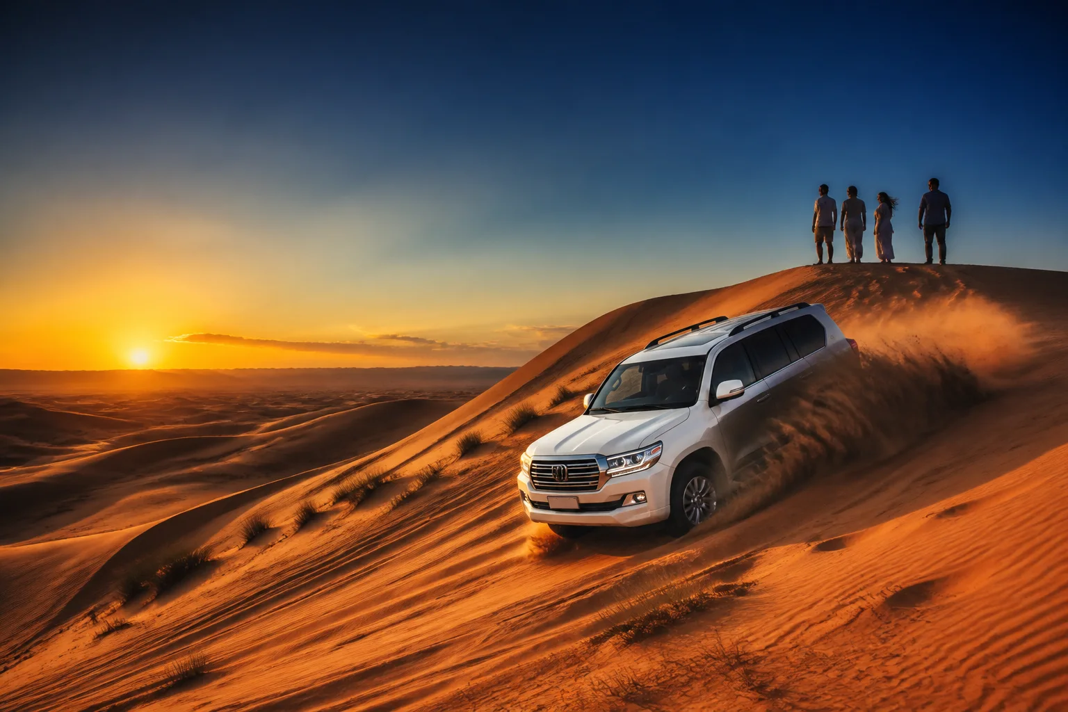 White 4x4 crossing the bright Dubai red dunes in daylight
